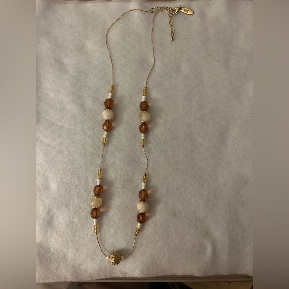 New York & Co 24” Necklace Gold Toned, white & amber, Beaded Chain Sophisticated